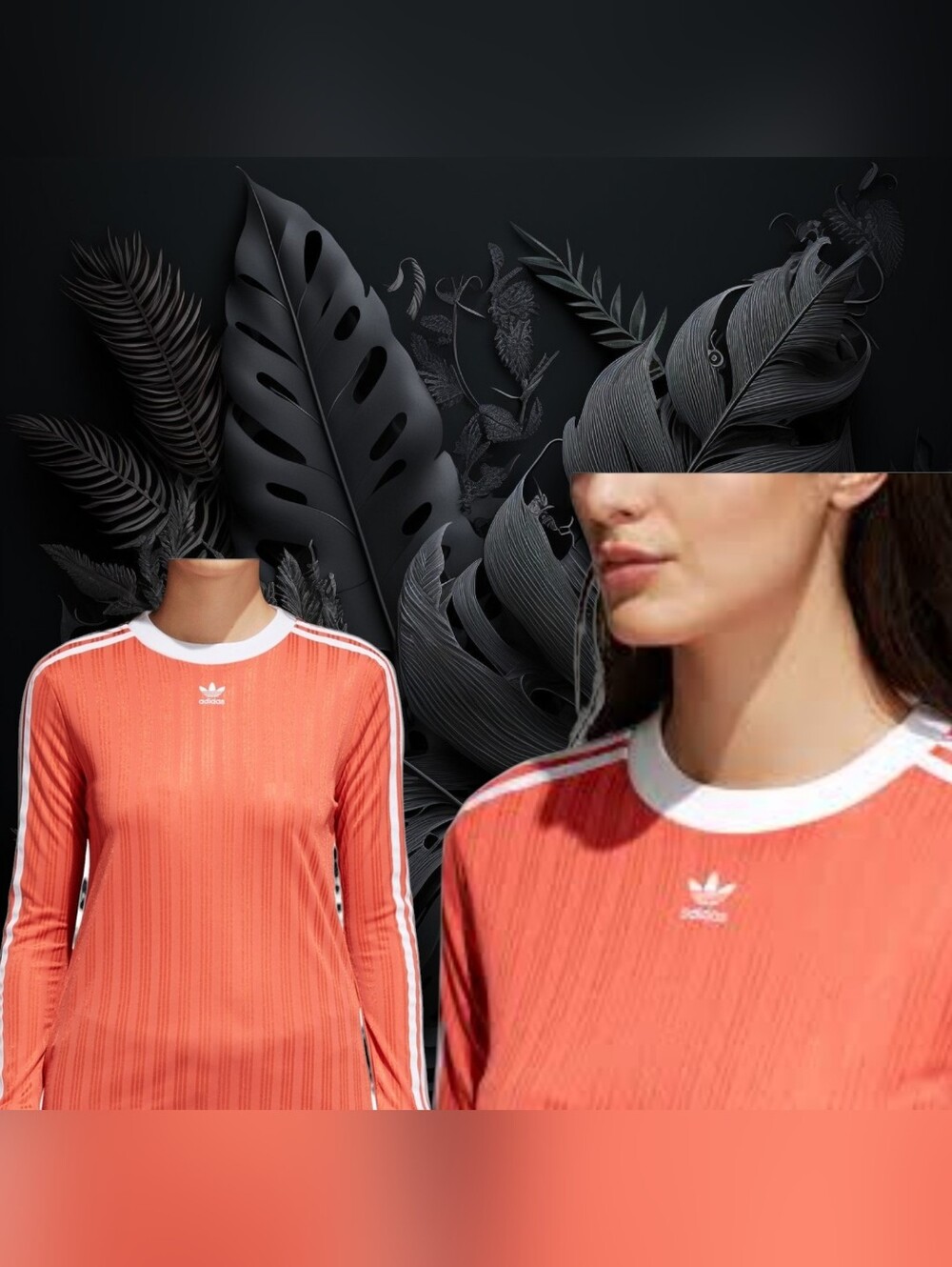 adidas Coral Ribbed Long-Sleeve Tee with White Trim